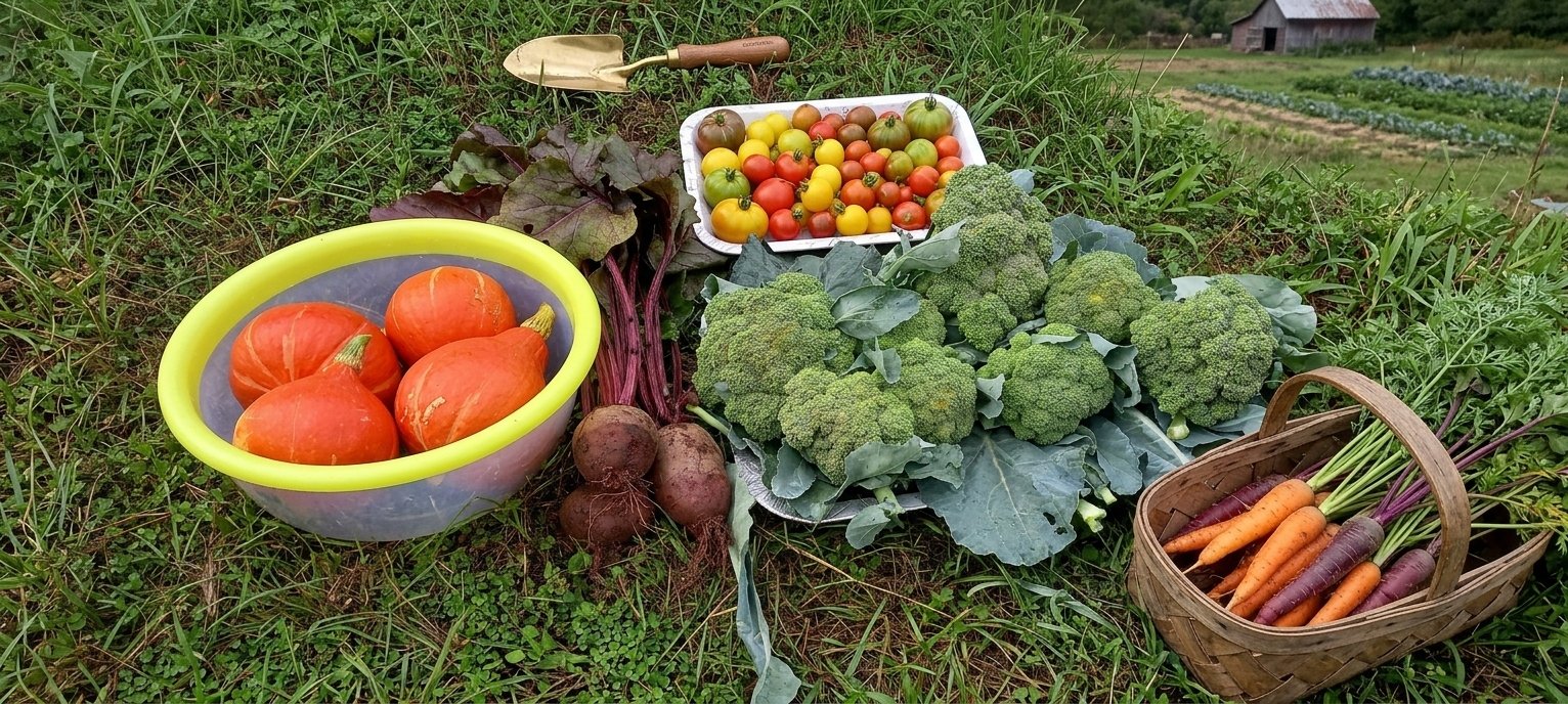 Pumpkins, beetroot, broccoli, mixed tomatoes and a basket of carrots laid out on the grass beside the vegetable beds