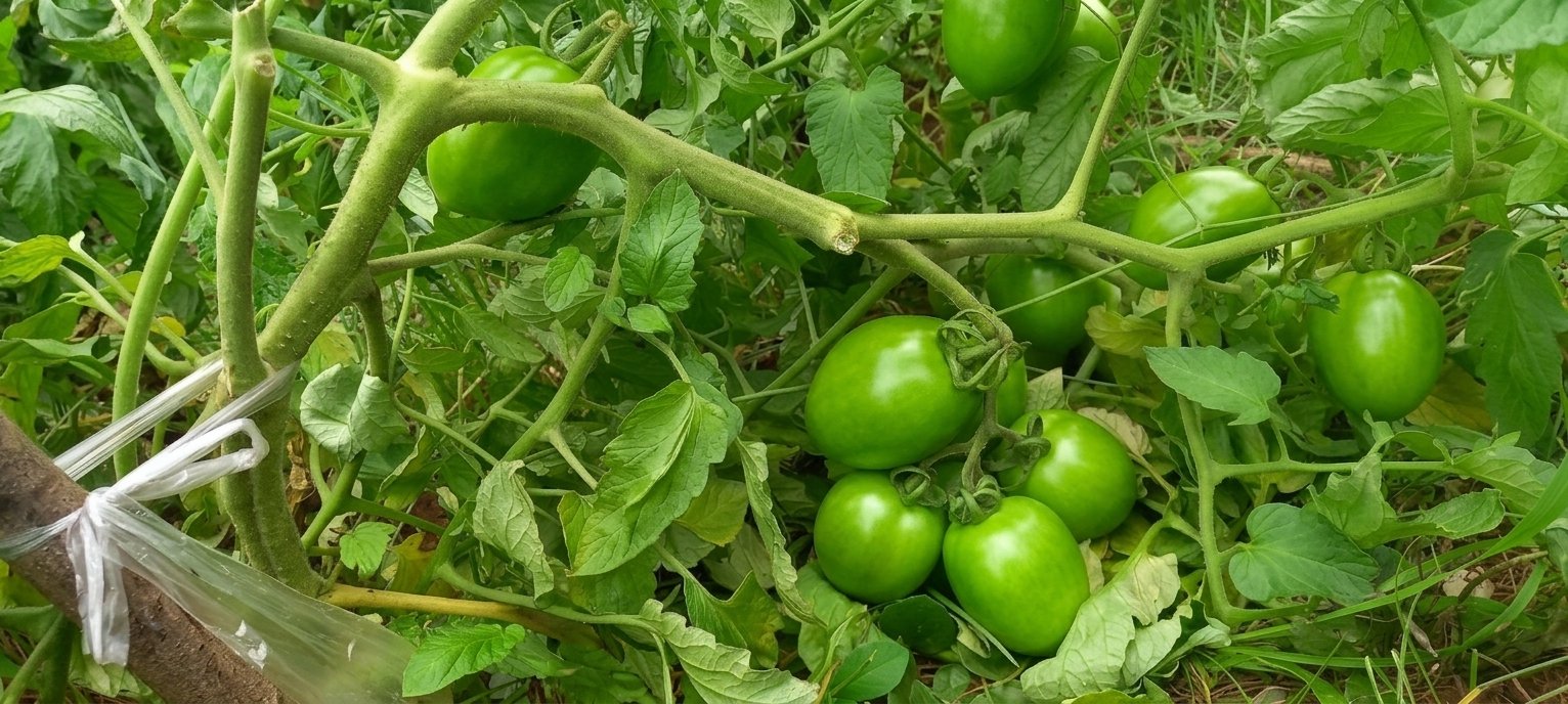 Firm green tomatoes developing on healthy, staked tomato plants