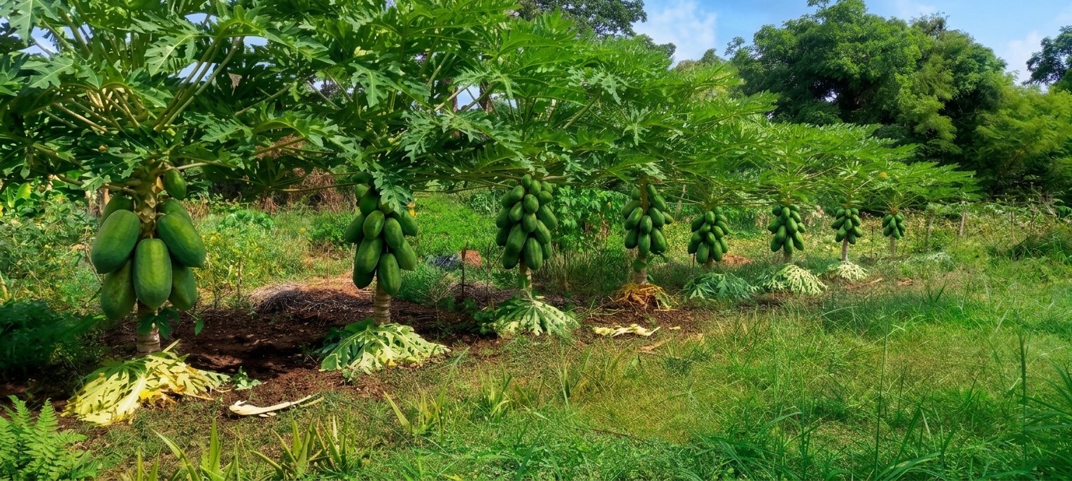 A row of pawpaw trees heavy with clusters of green fruit