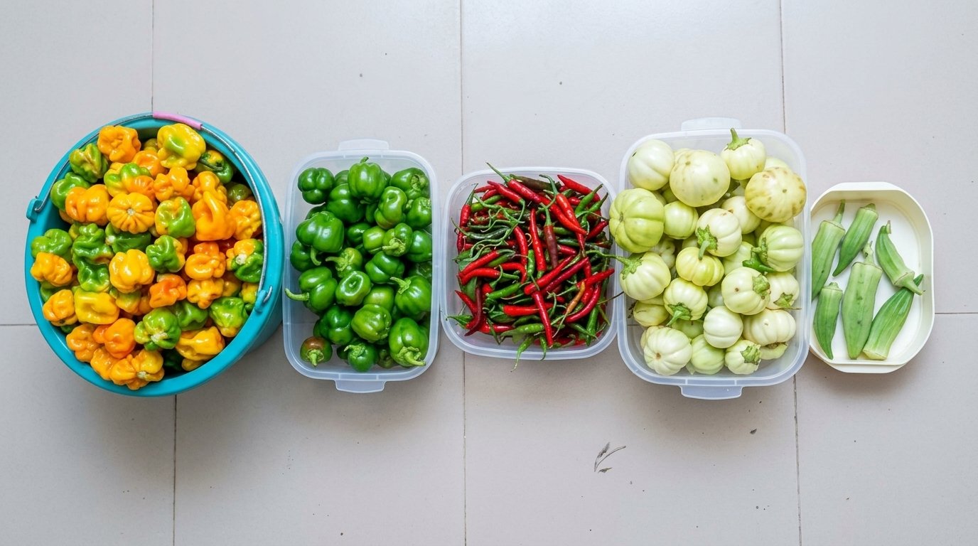 Freshly harvested Scotch bonnet peppers, green peppers, red chillies, white garden eggs and okra in separate containers
