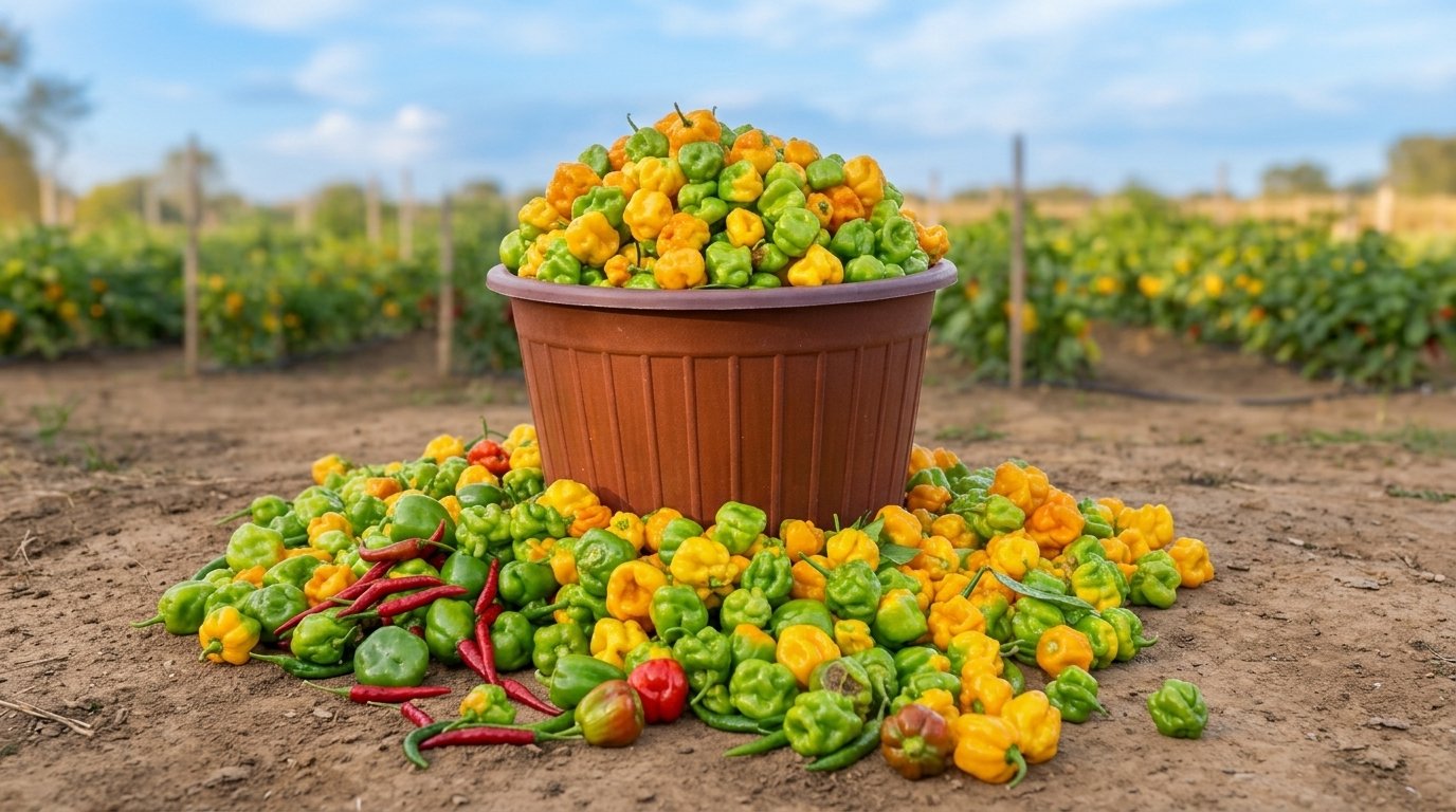 A basket overflowing with green, yellow and orange Scotch bonnet peppers, with more peppers and red chillies around it in the pepper field