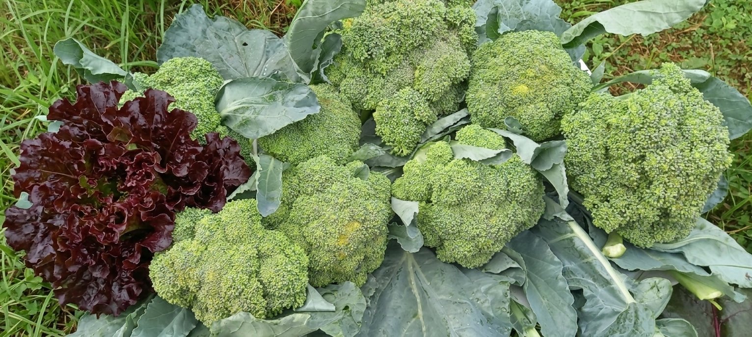 Freshly cut broccoli heads and red leaf lettuce laid out on the grass after harvest