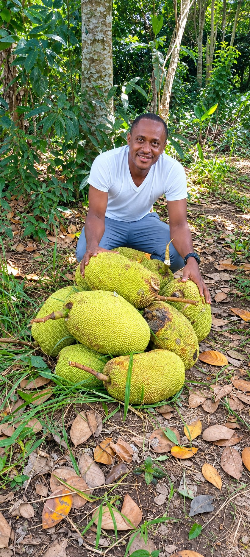 A smiling grower kneeling behind a pile of freshly harvested jackfruit under the trees